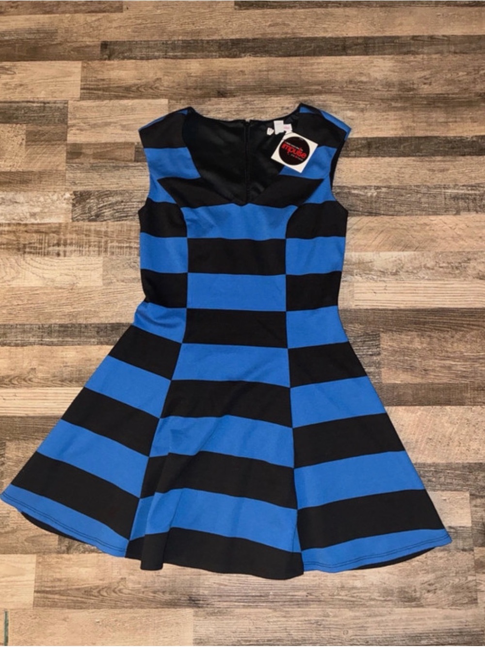 Blue and Black Striped Fit-and-Flare Dress